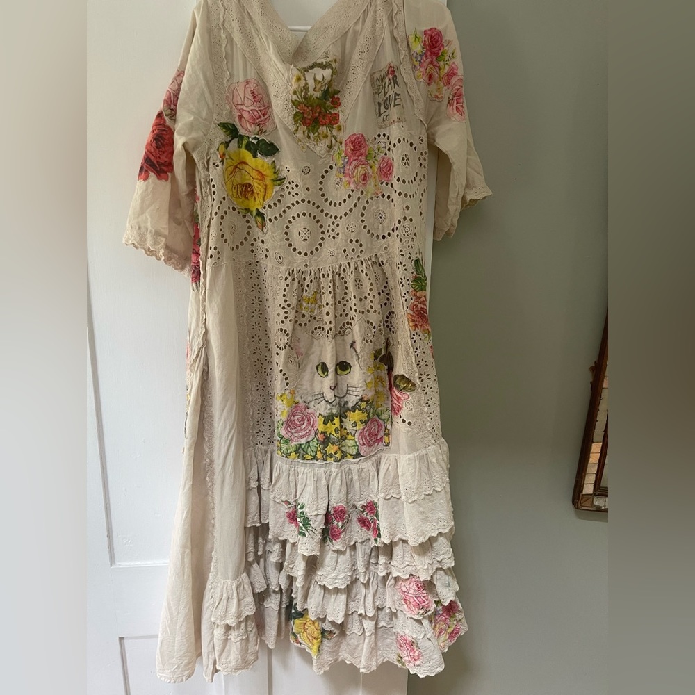 Magnolia Pearl embroidered dress with cats and flowers
